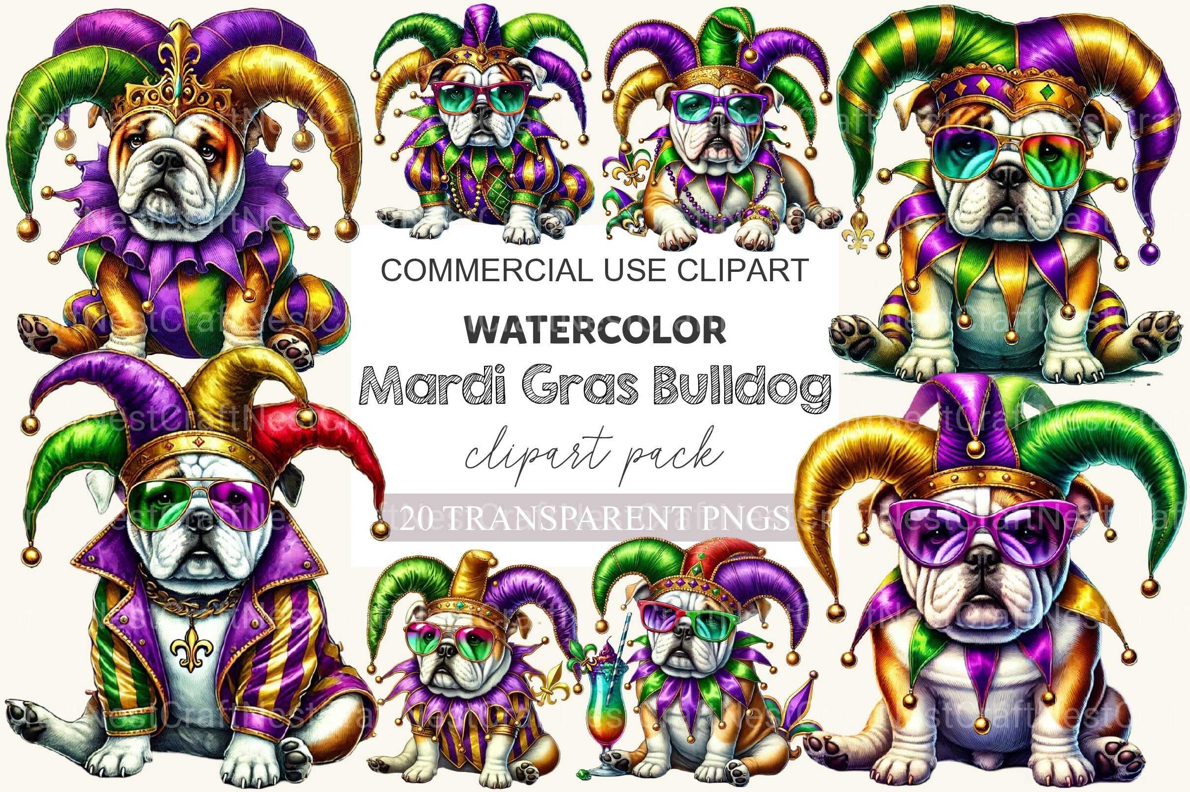Mardi Gras Bulldog Clipart Bundle