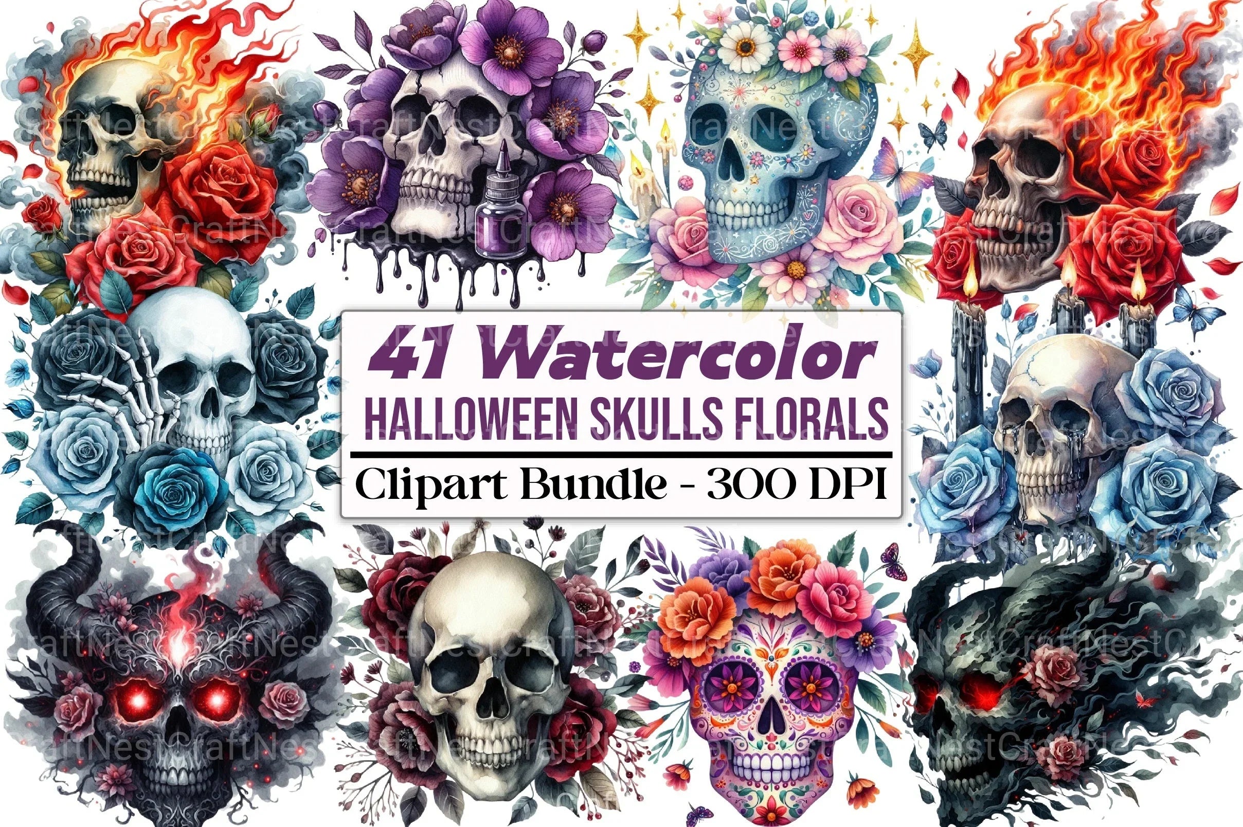 Halloween Skulls Florals Clipart Bundle - CraftNest - Digital Crafting and Art