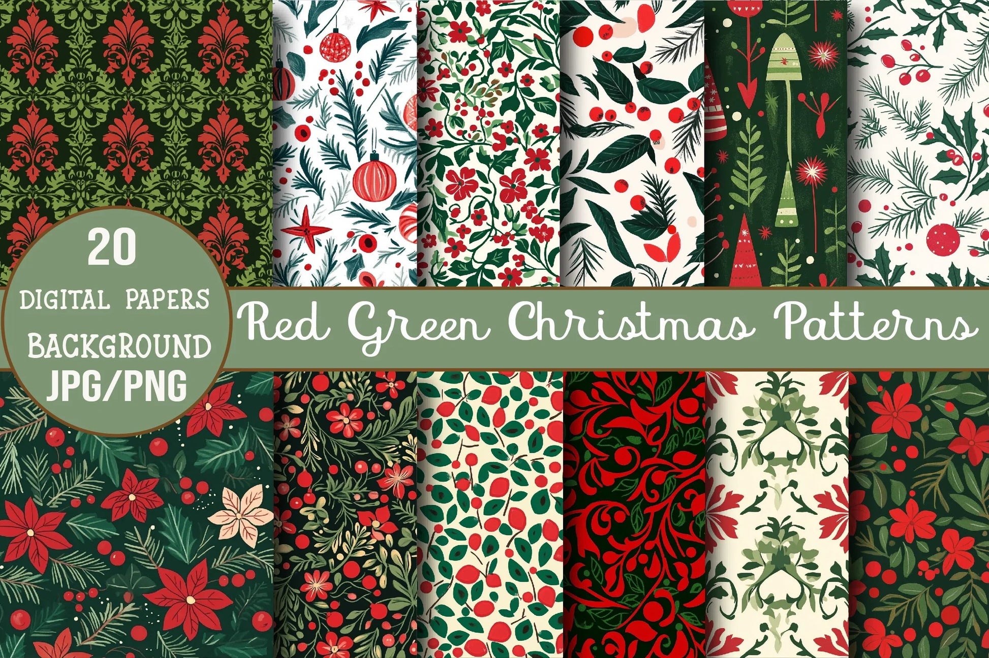 Red Green Christmas Patterns Clipart Bundle - CraftNest - Digital Crafting and Art