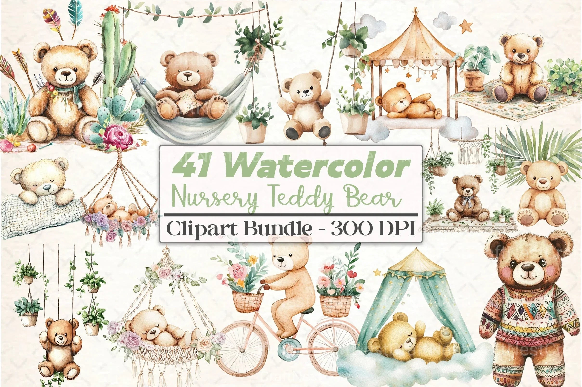 Nursery Teddy Bear Boho Clipart Bundle 4 - CraftNest - Digital Crafting and Art