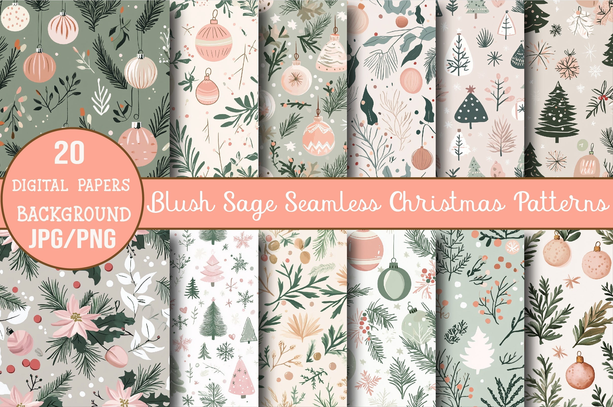 Blush Sage Seamless Christmas Patterns Digital Paper