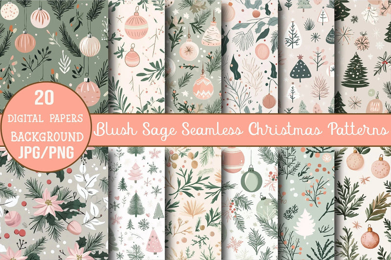 Blush Sage Seamless Christmas Patterns Digital Paper - CraftNest - Digital Crafting and Art