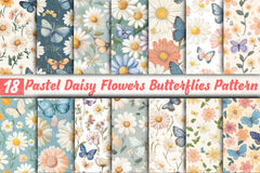 Pastel Daisy Flowers & Butterflies Pattern Clipart Bundle - CraftNest - Digital Crafting and Art