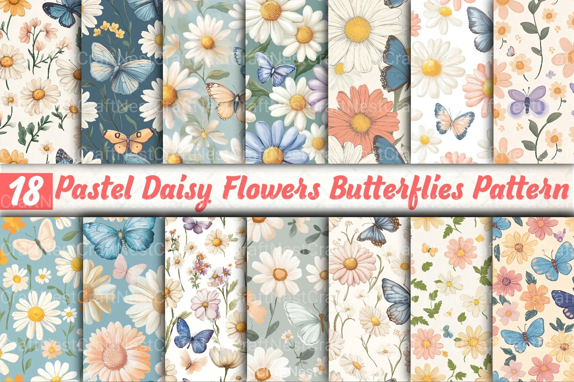Pastel Daisy Flowers & Butterflies Pattern Clipart Bundle - CraftNest - Digital Crafting and Art