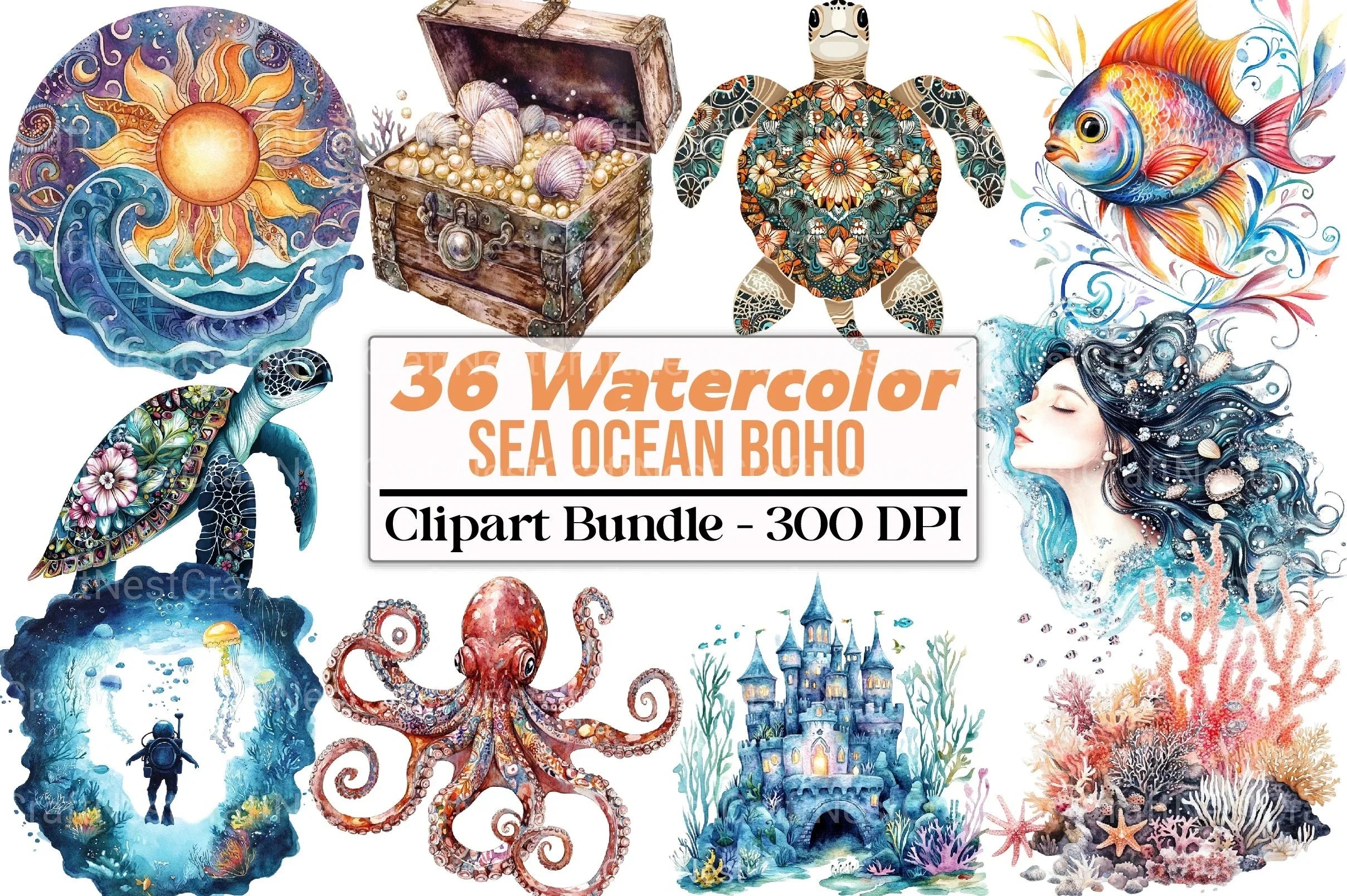 Sea Ocean Boho Clipart Bundle - CraftNest - Digital Crafting and Art