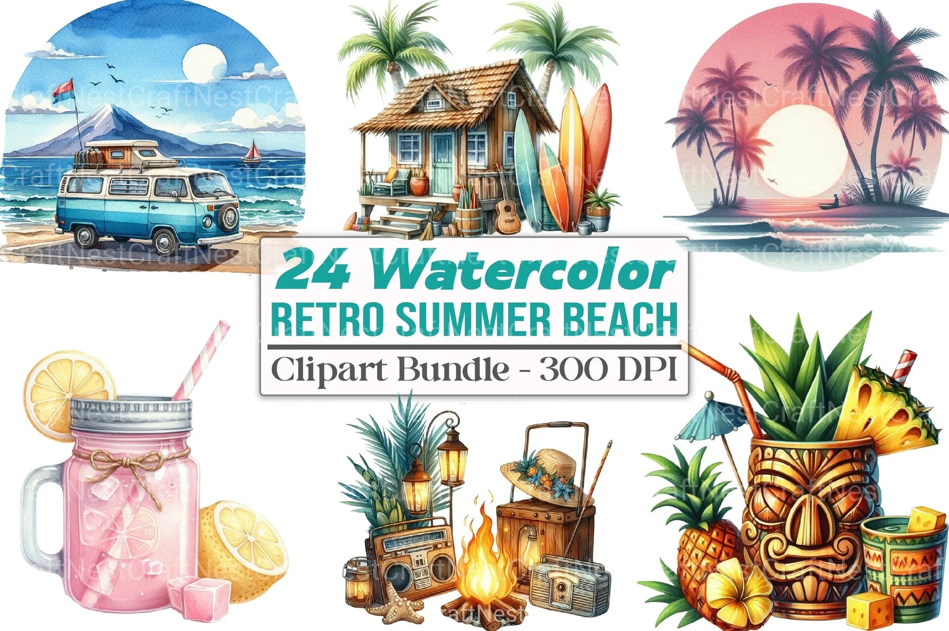 Retro Summer Beach Clipart Bundle 2 - CraftNest - Digital Crafting and Art