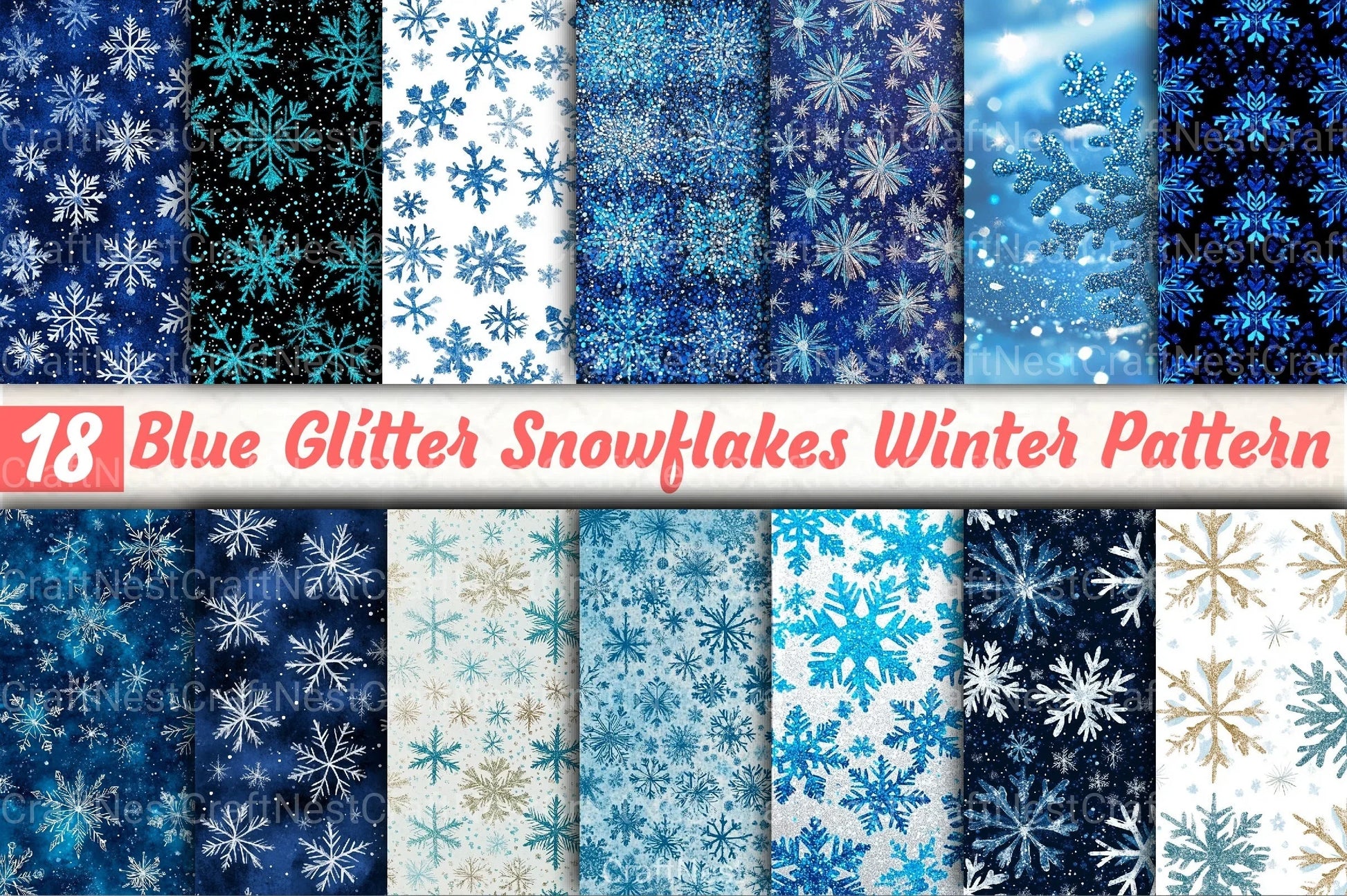 Blue Glitter Snowflakes Winter Pattern Clipart Bundle - CraftNest - Digital Crafting and Art