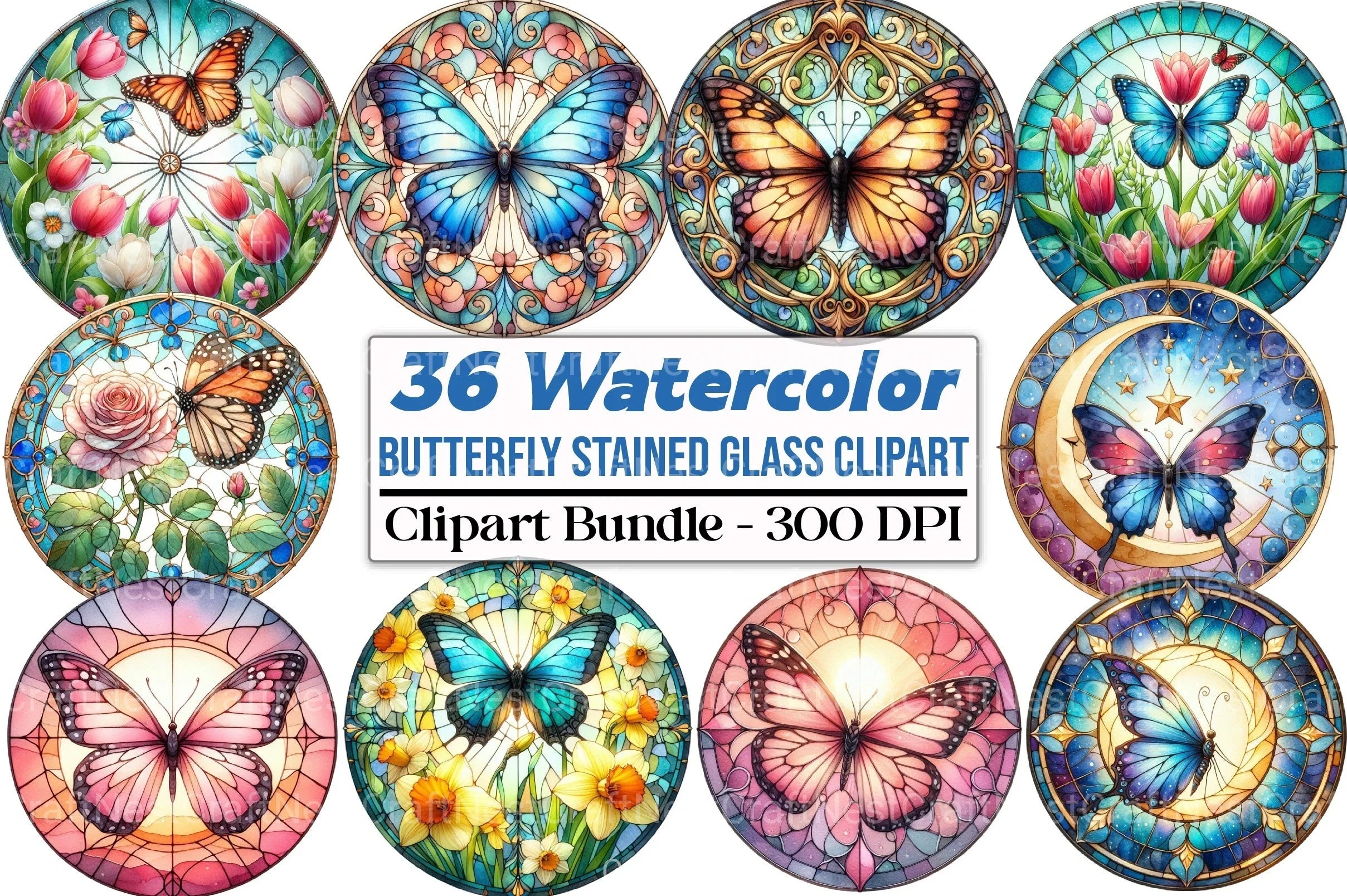 Round Butterfly Stained Glass Clipart Bundle - CraftNest - Digital Crafting and Art