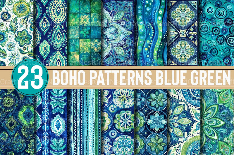 Boho Blue Green Patterns Clipart Bundle - CraftNest - Digital Crafting and Art