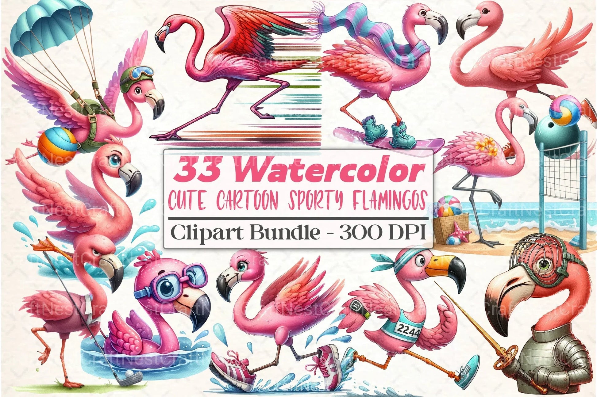 Cute Cartoon Sporty Flamingos Clipart Bundle 2 - CraftNest - Digital Crafting and Art