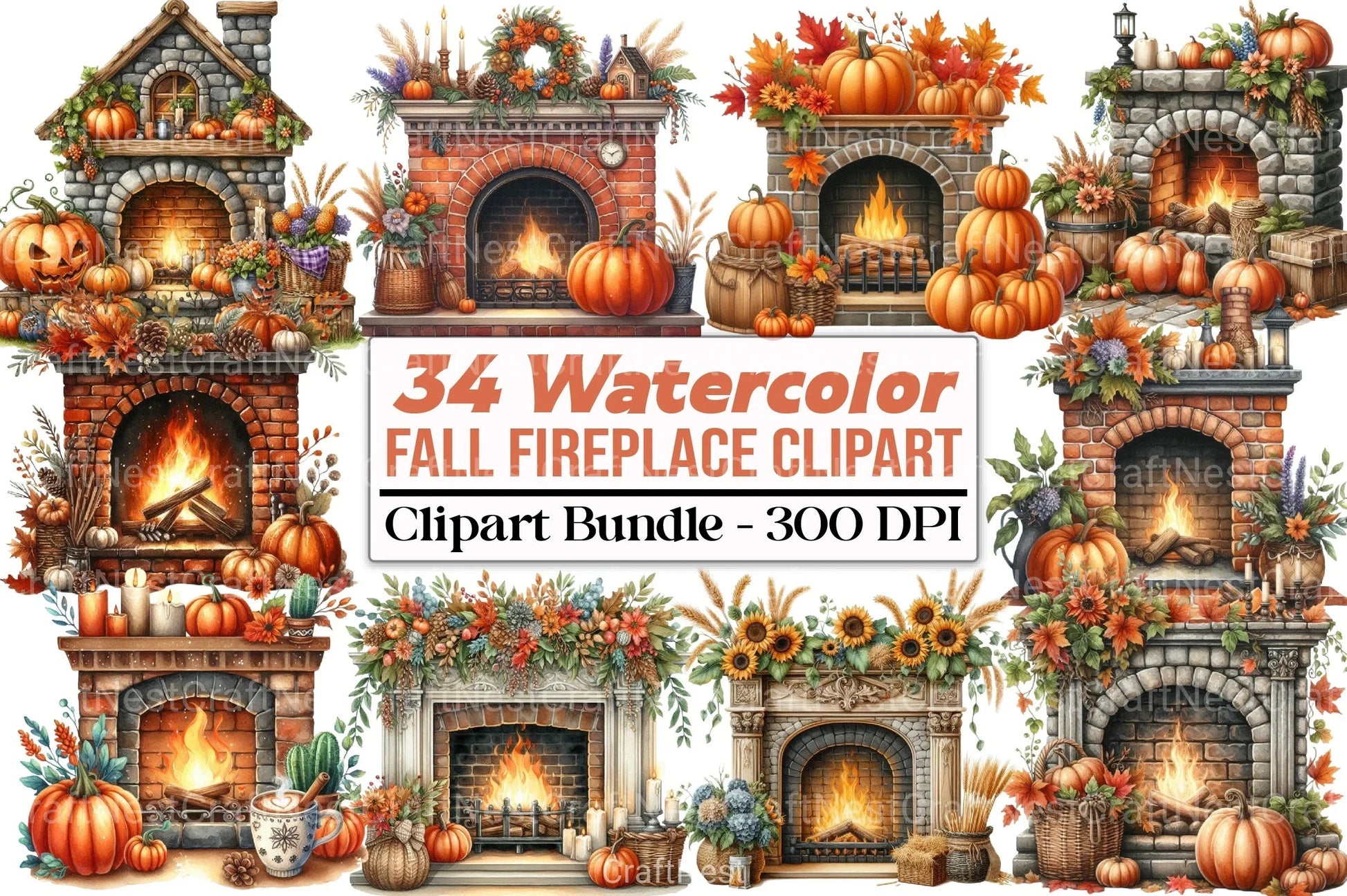 Fall Fireplace Clipart Bundle - CraftNest - Digital Crafting and Art