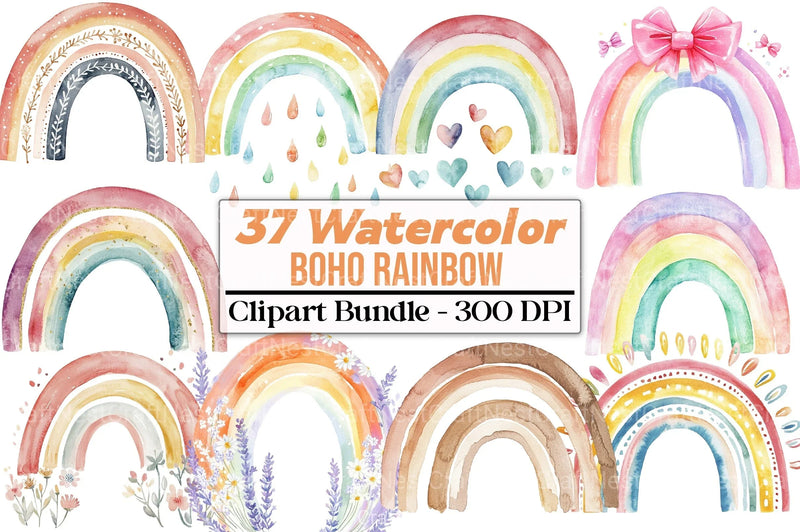 Cute Pastel Boho Rainbow Clipart Bundle - CraftNest - Digital Crafting and Art