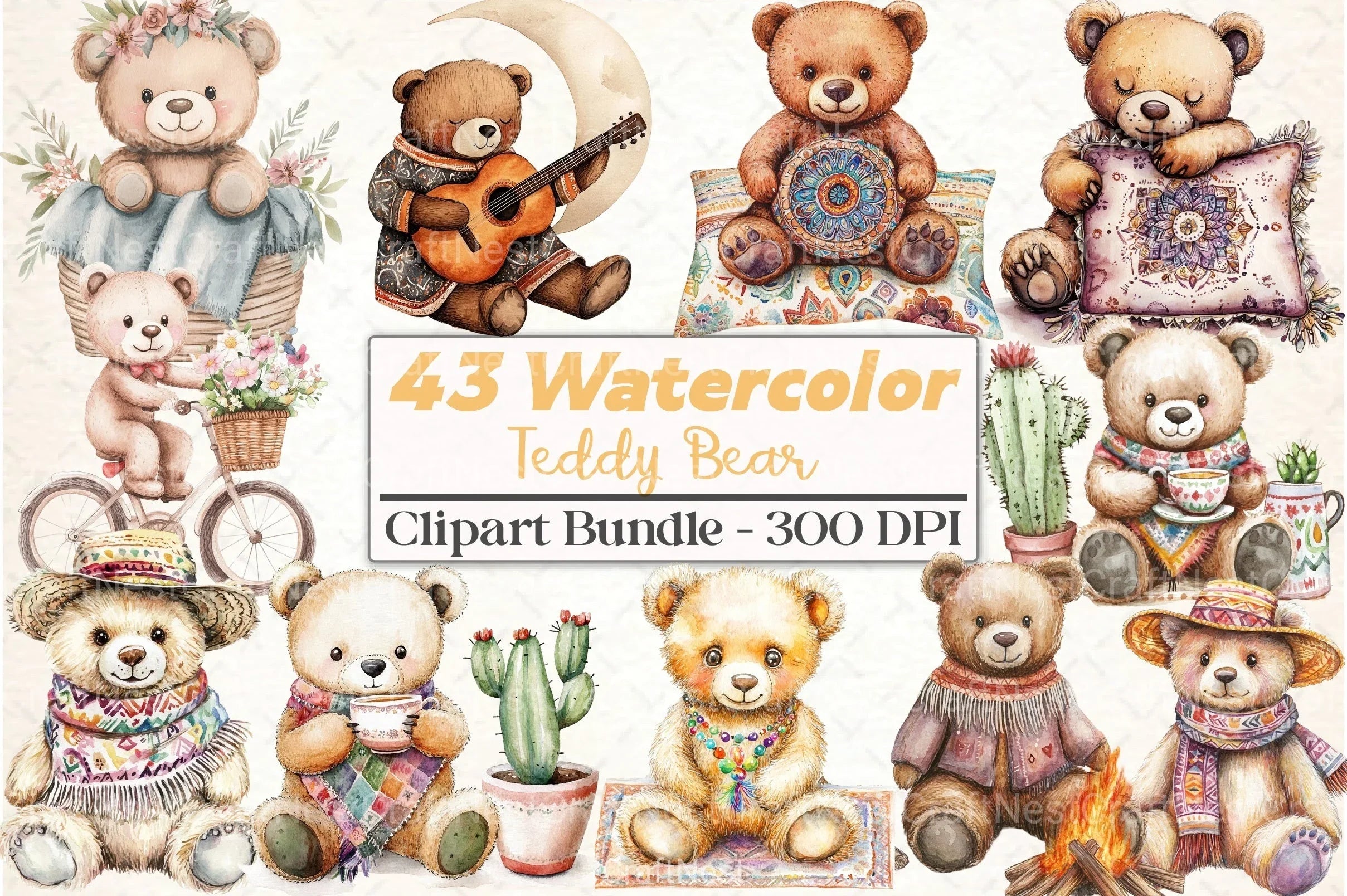 Teddy Bear Boho Clipart Bundle - CraftNest - Digital Crafting and Art