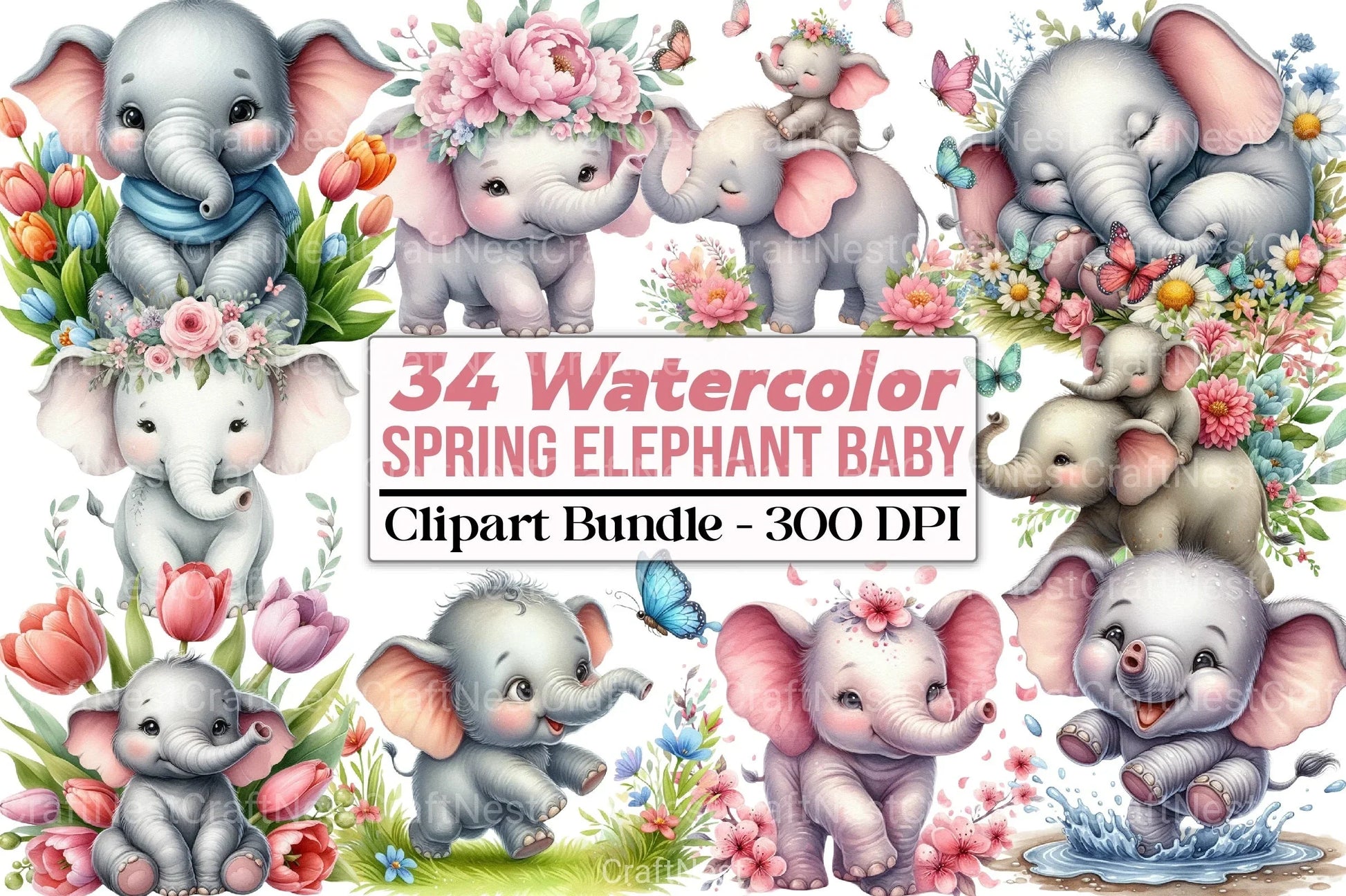 Spring Elephant Baby Clipart Bundle 1 - CraftNest - Digital Crafting and Art
