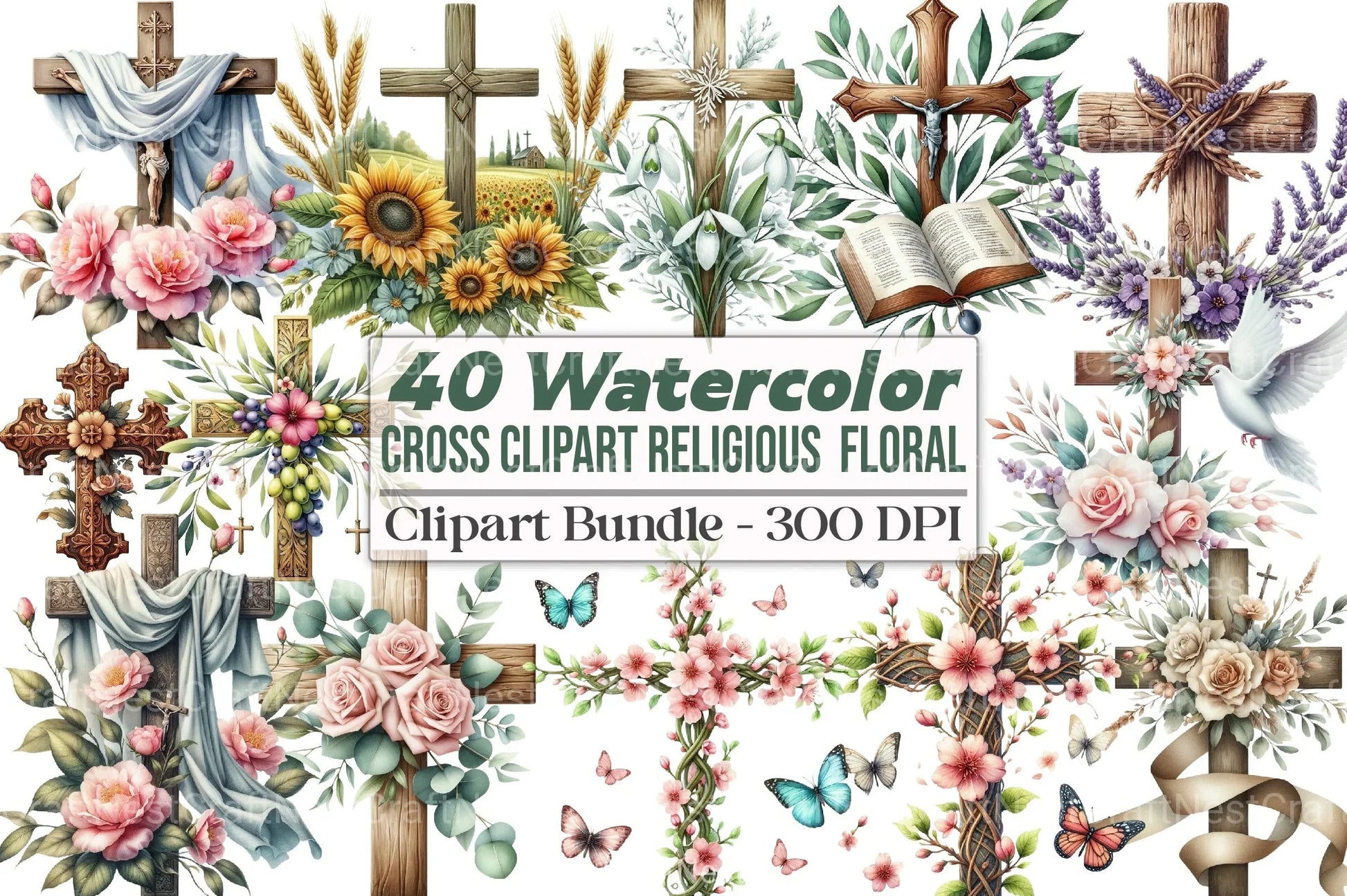 Cross Religious Floral Clipart Bundle 1 - CraftNest - Digital Crafting and Art
