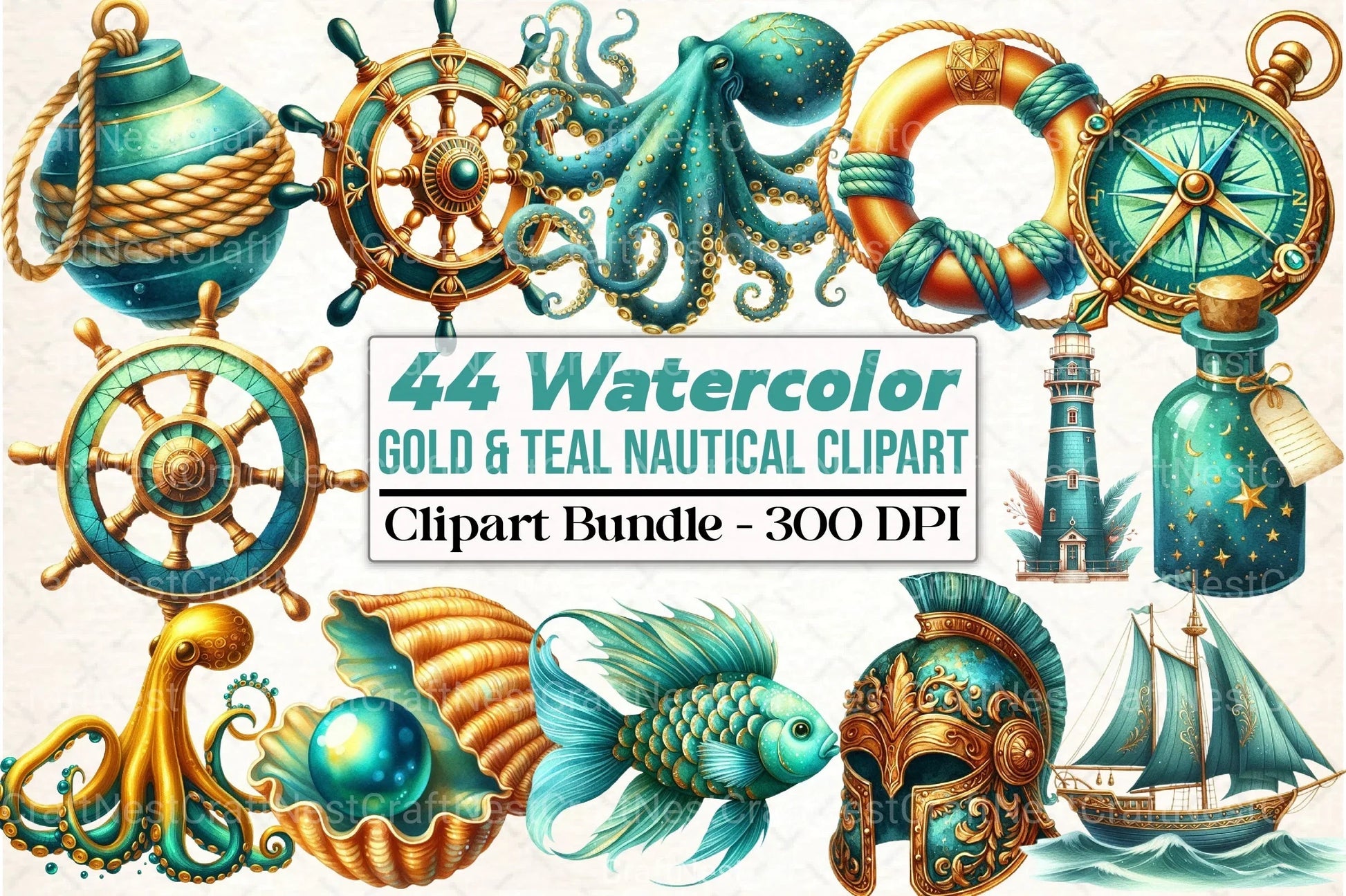 Gold & Teal Nautical Clipart Bundle - CraftNest - Digital Crafting and Art