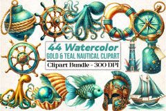 Gold & Teal Nautical Clipart Bundle - CraftNest - Digital Crafting and Art