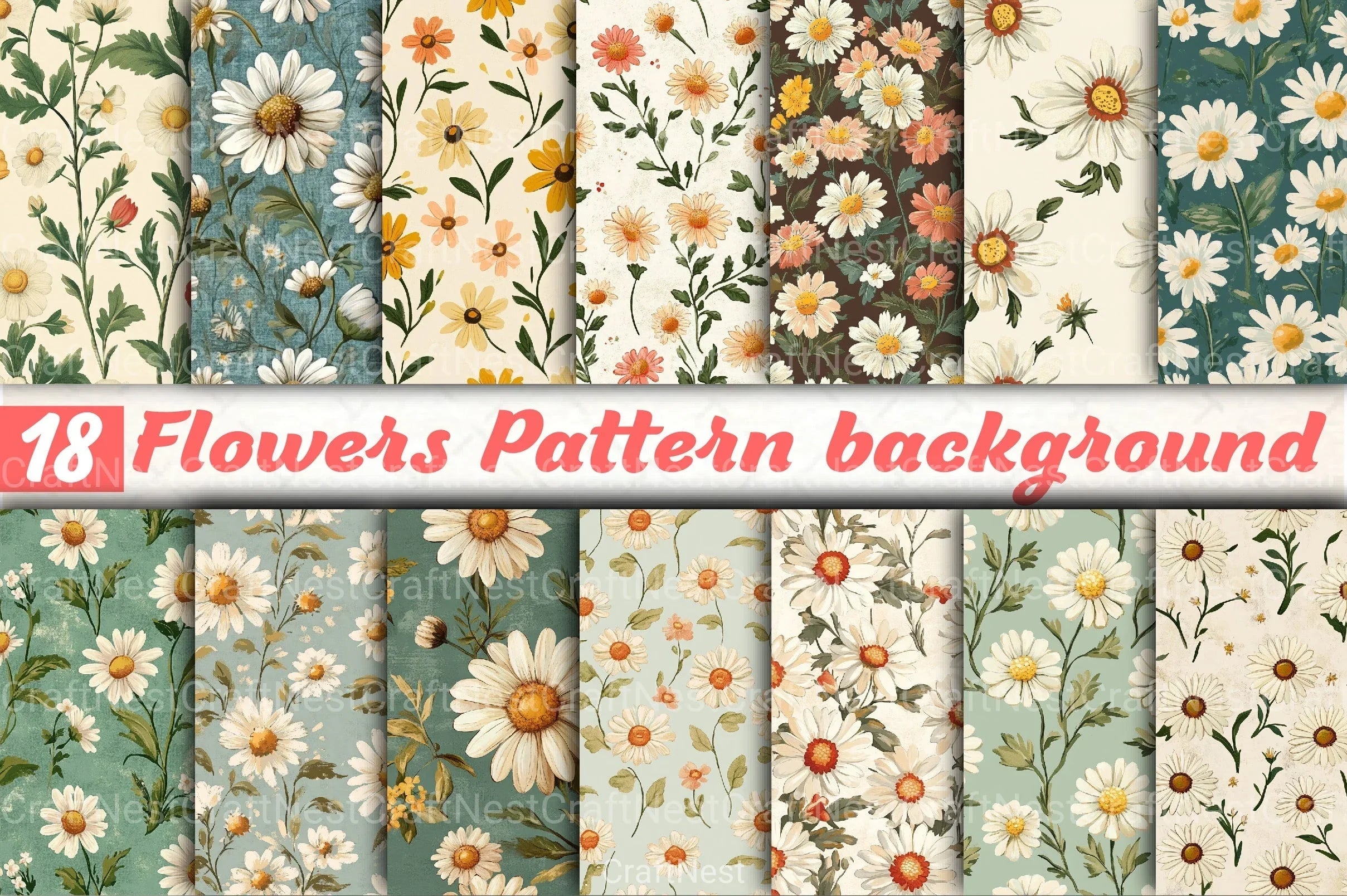 Vintage Cottagecore Daisy Flower Pattern Clipart Bundle 7 - CraftNest - Digital Crafting and Art