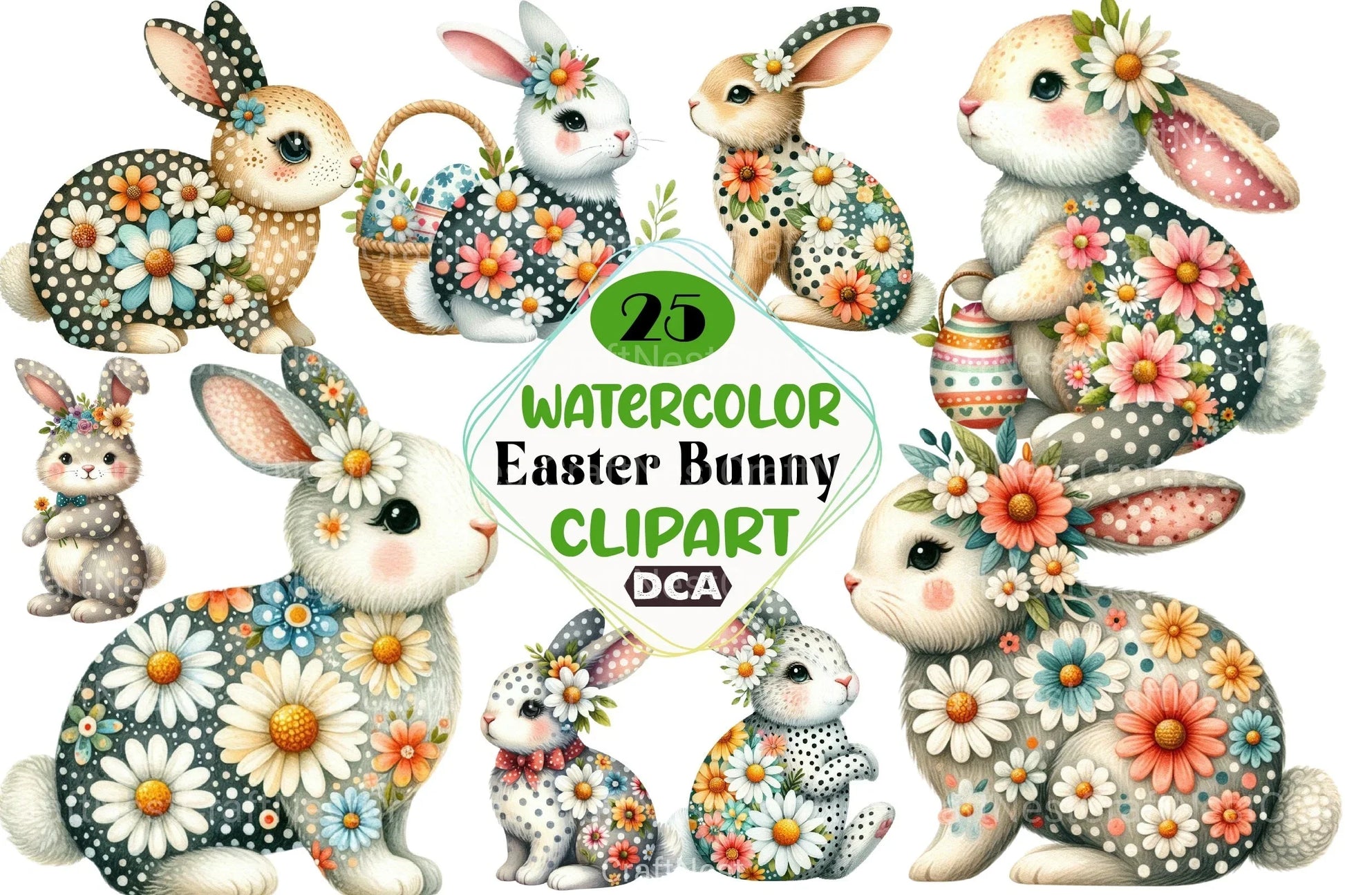 Retro Floral Easter Bunny Clipart Bundle - CraftNest - Digital Crafting and Art