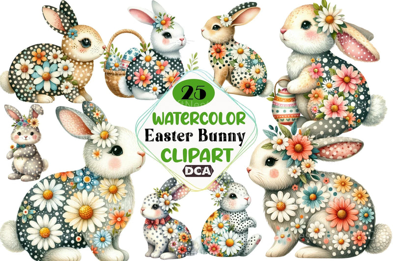 Retro Floral Easter Bunny Clipart Bundle - CraftNest - Digital Crafting and Art