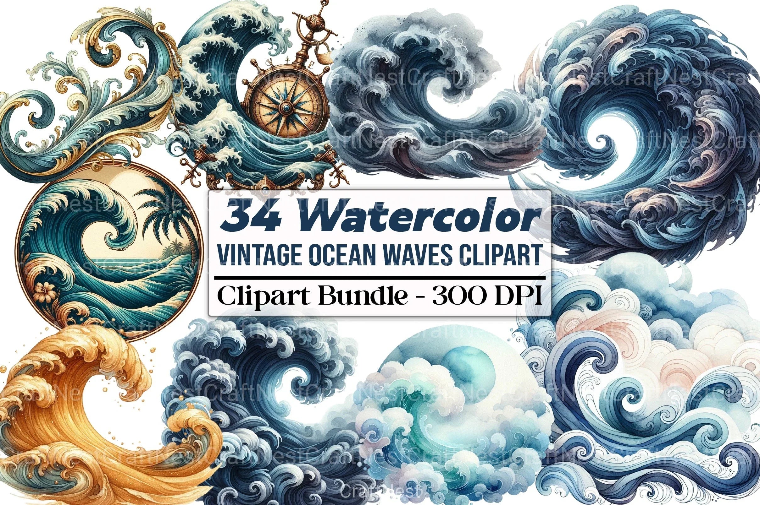 Vintage Ocean Waves Clipart Bundle 2 - CraftNest - Digital Crafting and Art