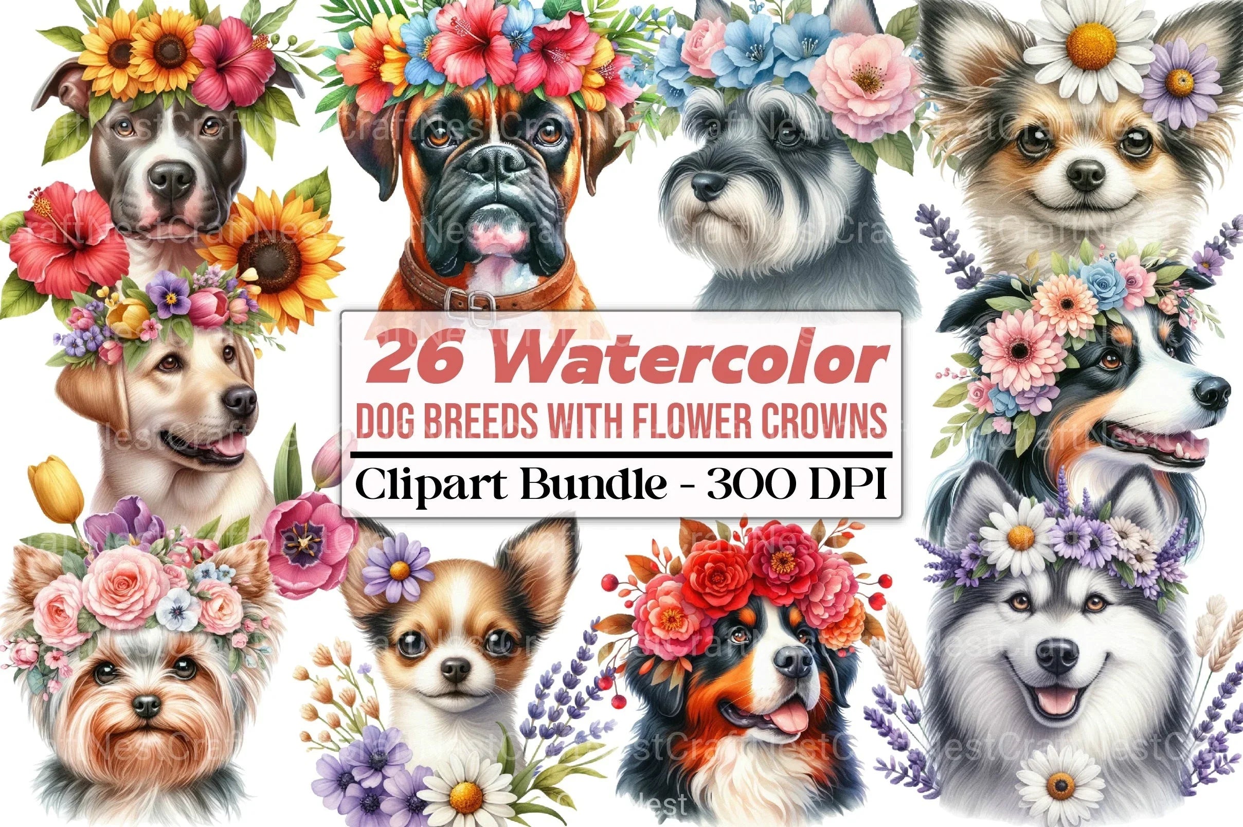 Dog Breeds Flower Crowns Clipart Bundle - CraftNest - Digital Crafting and Art