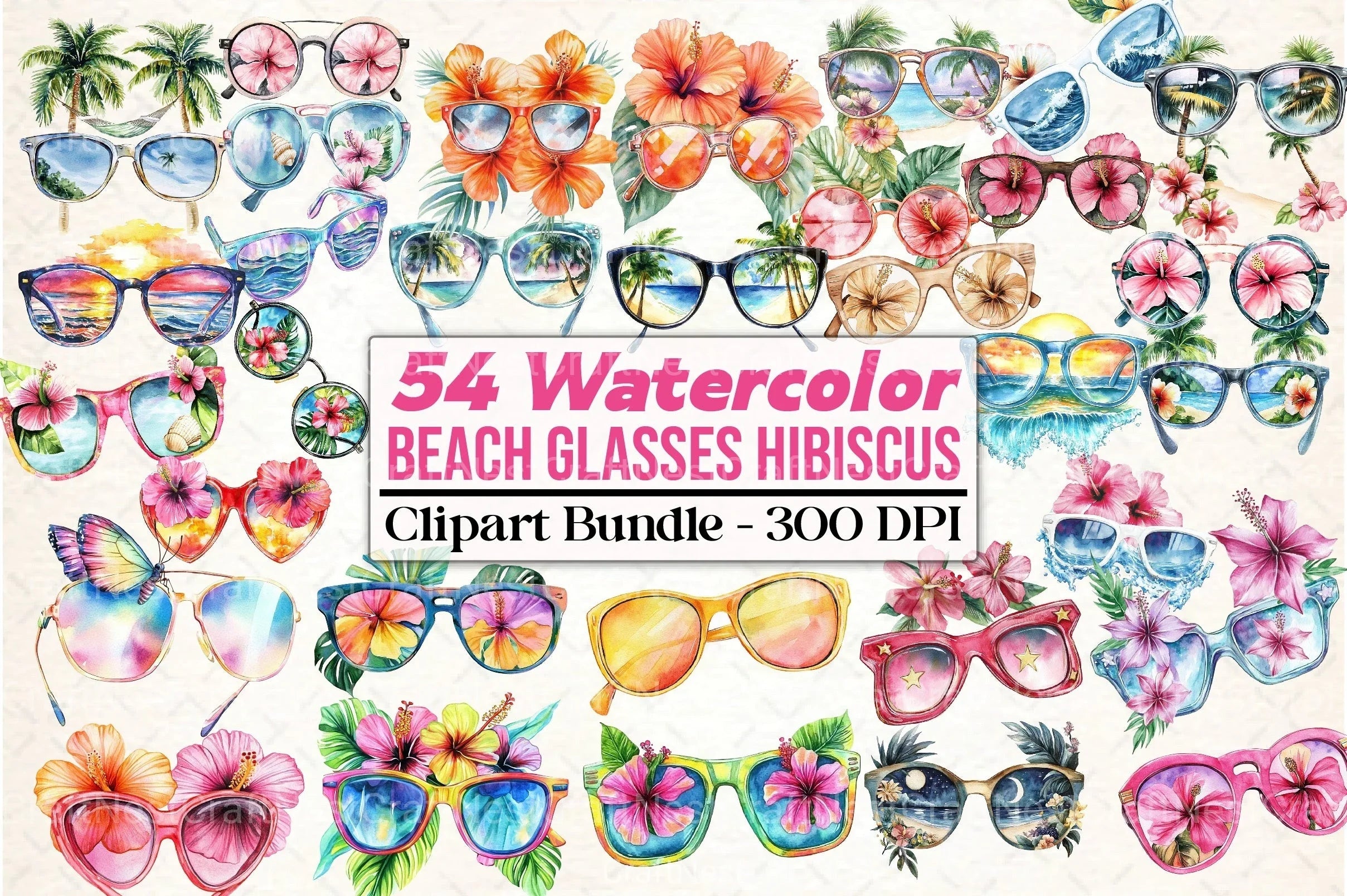 Tropical Summer Beach Glasses Hibiscus Clipart Bundle - CraftNest - Digital Crafting and Art