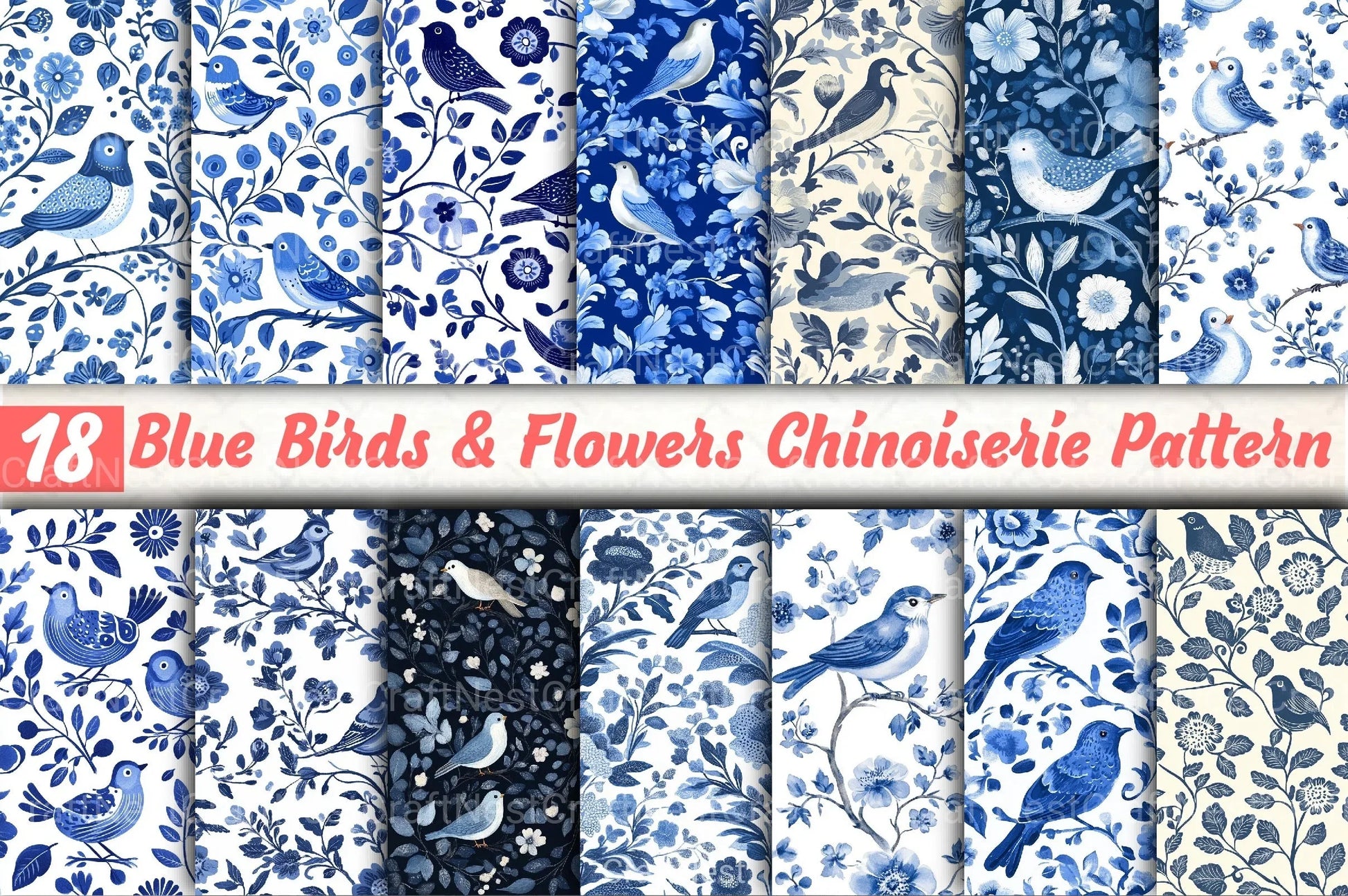 Blue Birds & Flowers Chinoiserie Pattern Clipart Bundle - CraftNest - Digital Crafting and Art
