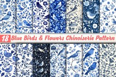 Blue Birds & Flowers Chinoiserie Pattern Clipart Bundle - CraftNest - Digital Crafting and Art