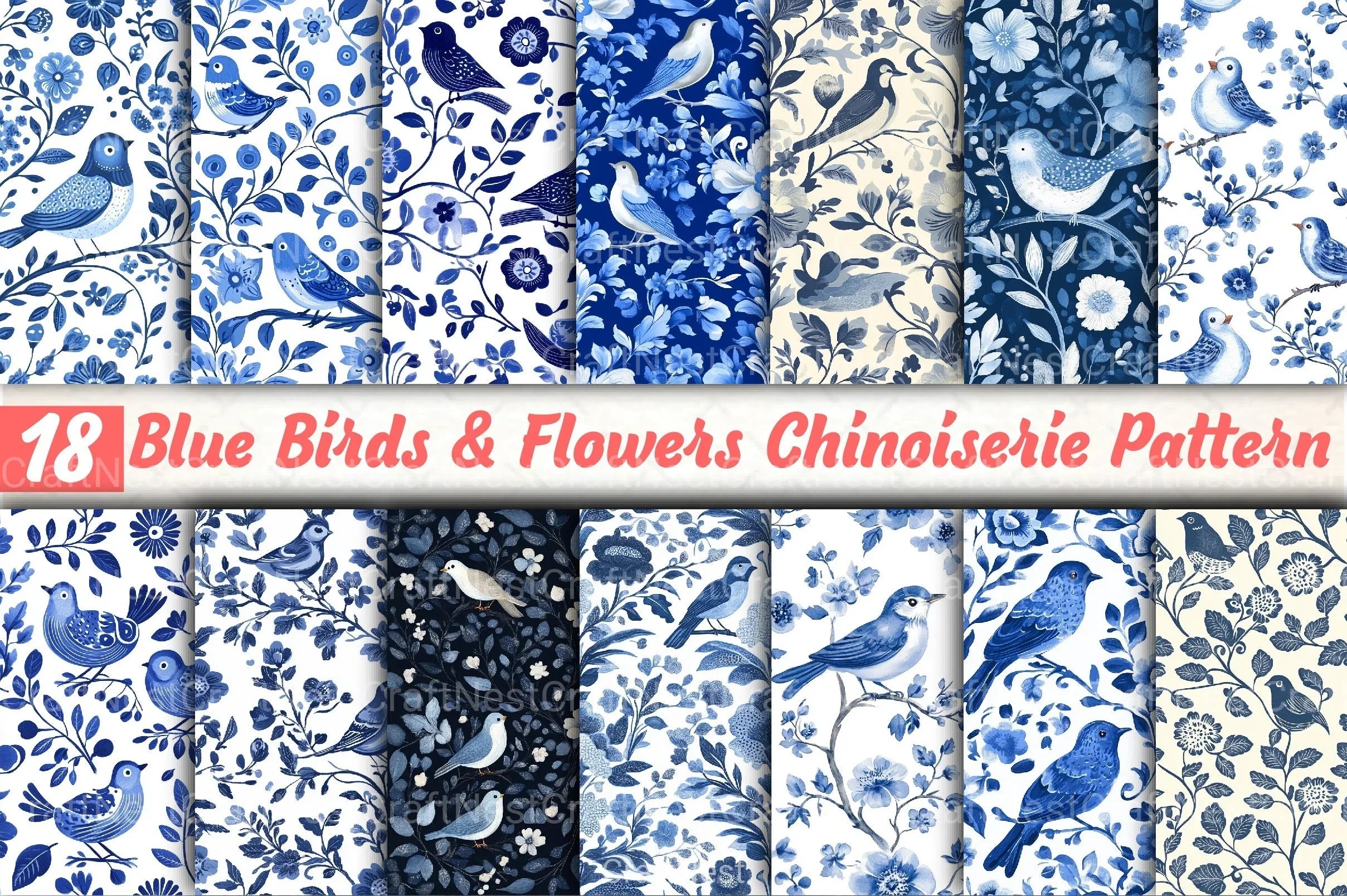 Blue Birds & Flowers Chinoiserie Pattern Clipart Bundle - CraftNest - Digital Crafting and Art