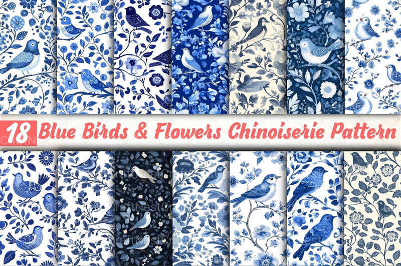Blue Birds & Flowers Chinoiserie Pattern Clipart Bundle - CraftNest - Digital Crafting and Art