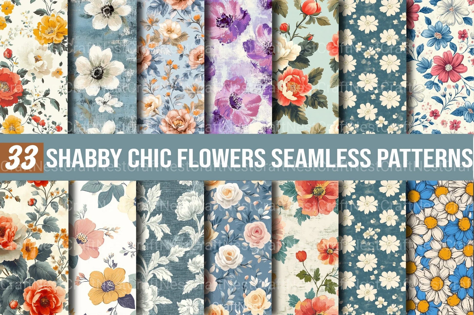 Shabby Chic Flowers Seamless Patterns Digital Paper - CraftNest - Digital Crafting and Art