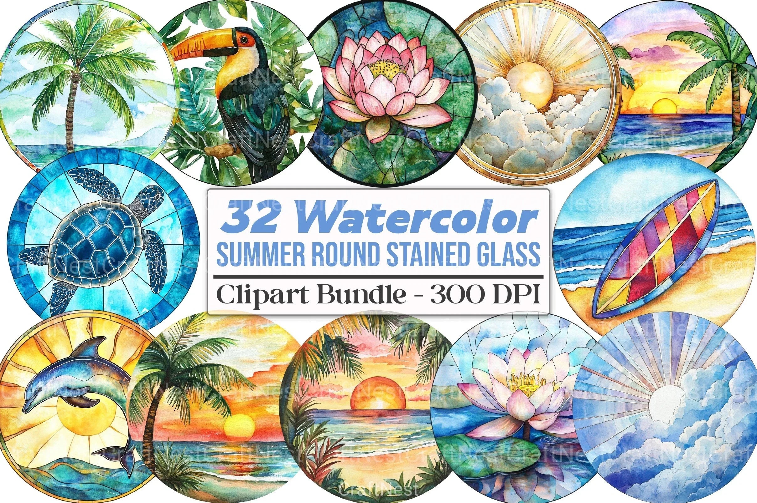 Round Stained Glass Summer Clipart Bundle 5 - CraftNest - Digital Crafting and Art