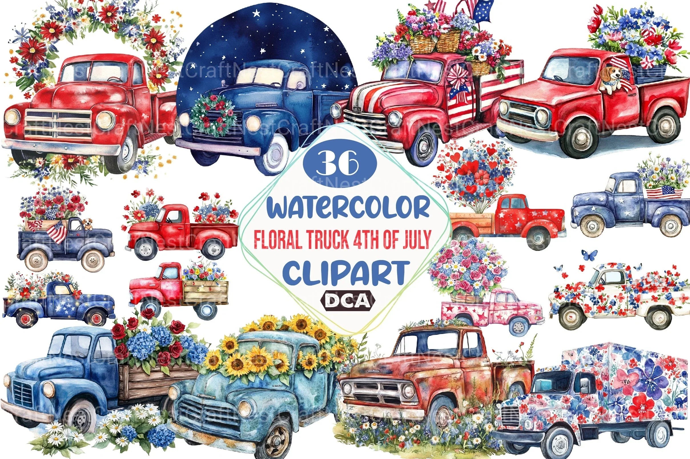 Floral Truck 4th of July Clipart Bundle - CraftNest - Digital Crafting and Art