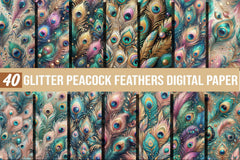 Glitter Peacock Feathers Digital Paper - CraftNest - Digital Crafting and Art