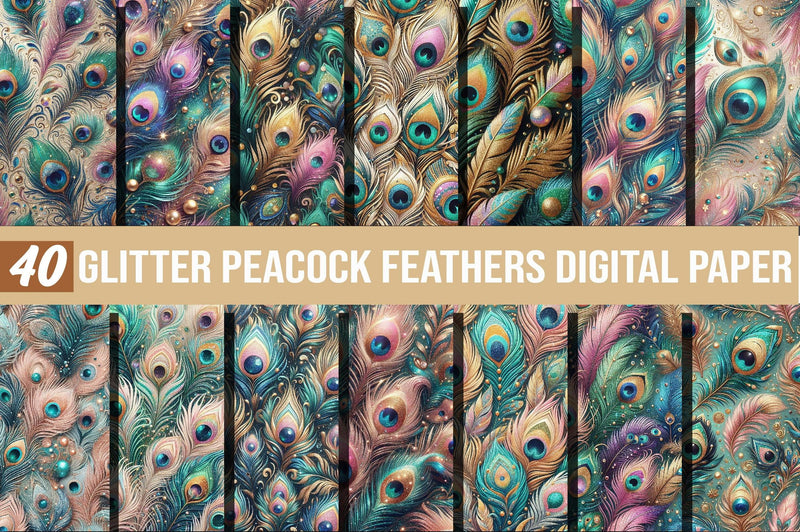 Glitter Peacock Feathers Digital Paper - CraftNest - Digital Crafting and Art