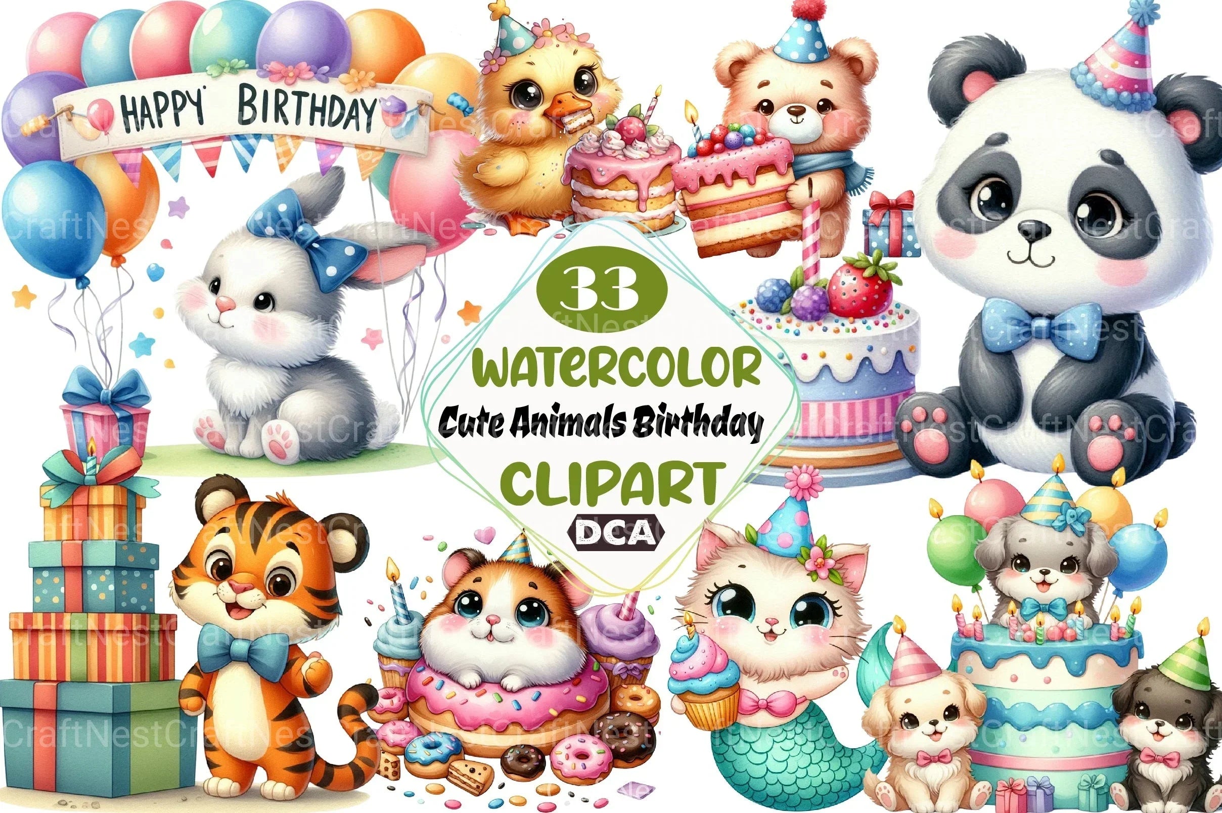 Cute Animals Birthday Clipart Bundle - CraftNest - Digital Crafting and Art