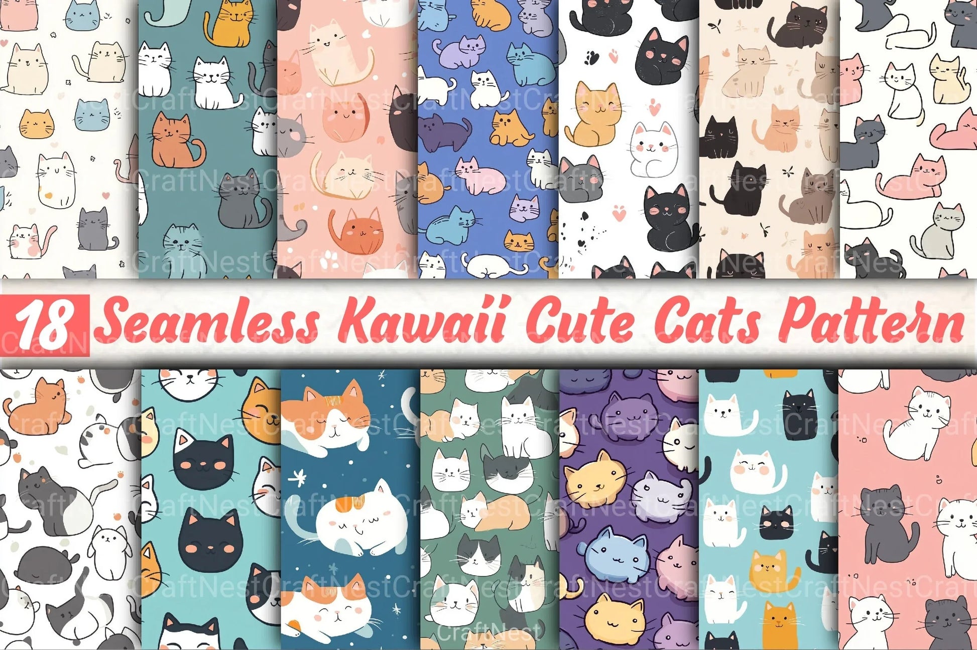 Seamless Kawaii Cute Cats Pattern Digital Paper - CraftNest - Digital Crafting and Art