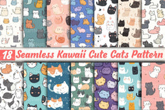 Seamless Kawaii Cute Cats Pattern Digital Paper - CraftNest - Digital Crafting and Art