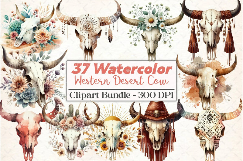 Western Desert Cow Skull Boho Clipart Bundle - CraftNest - Digital Crafting and Art