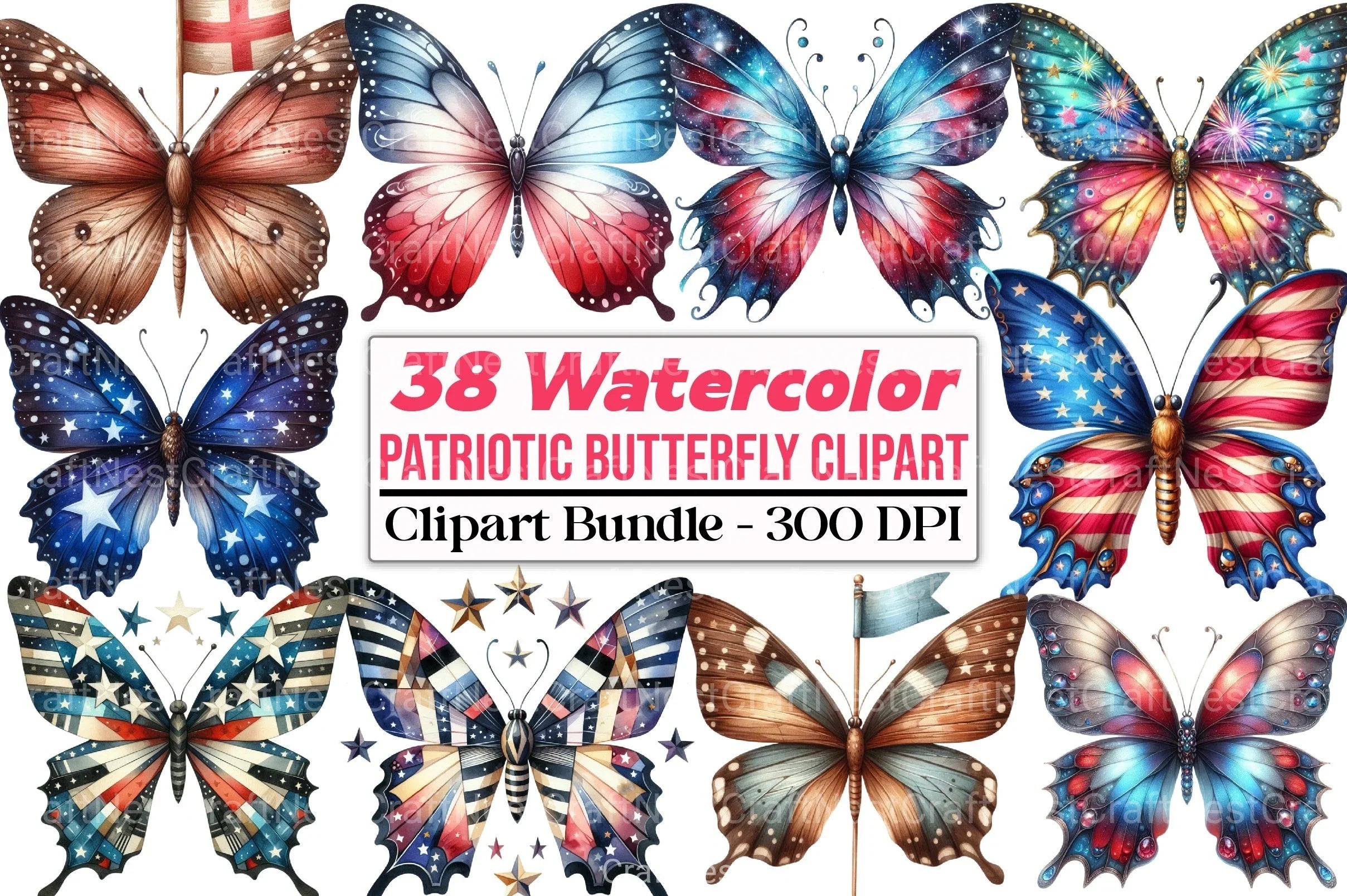 Patriotic Butterfly 4th of July Clipart Bundle - CraftNest - Digital Crafting and Art