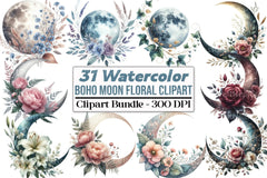 Boho Moon Floral Clipart Bundle - CraftNest - Digital Crafting and Art