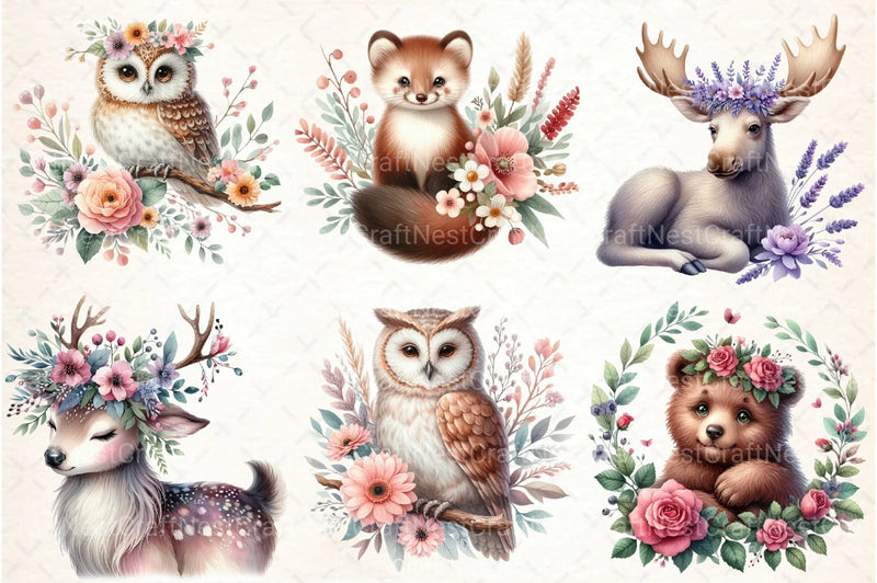 Woodland Animals with Flowers Clipart Bundle - CraftNest - Digital Crafting and Art