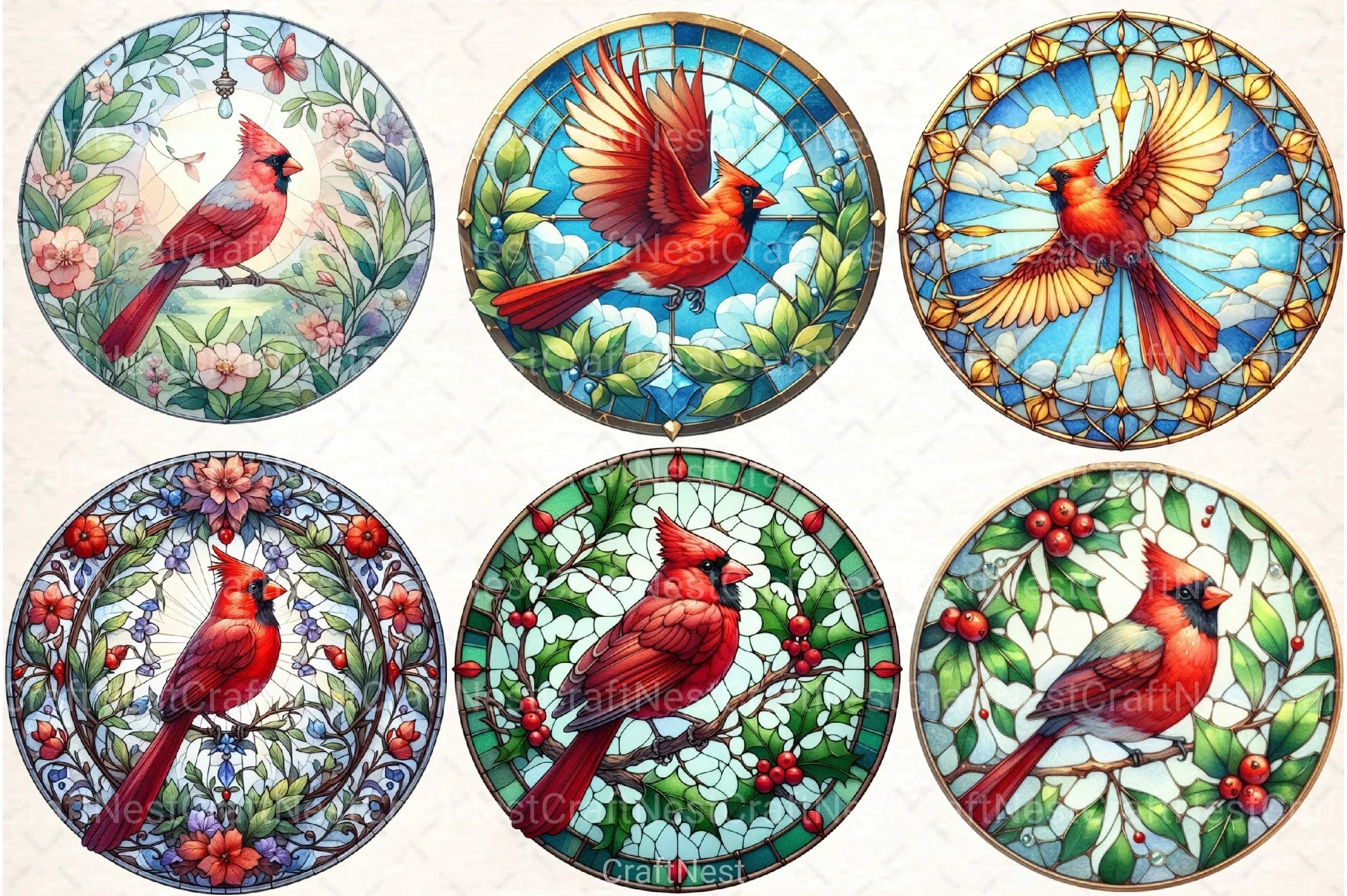 Round Cardinal Stained Glass Clipart Bundle - CraftNest - Digital Crafting and Art