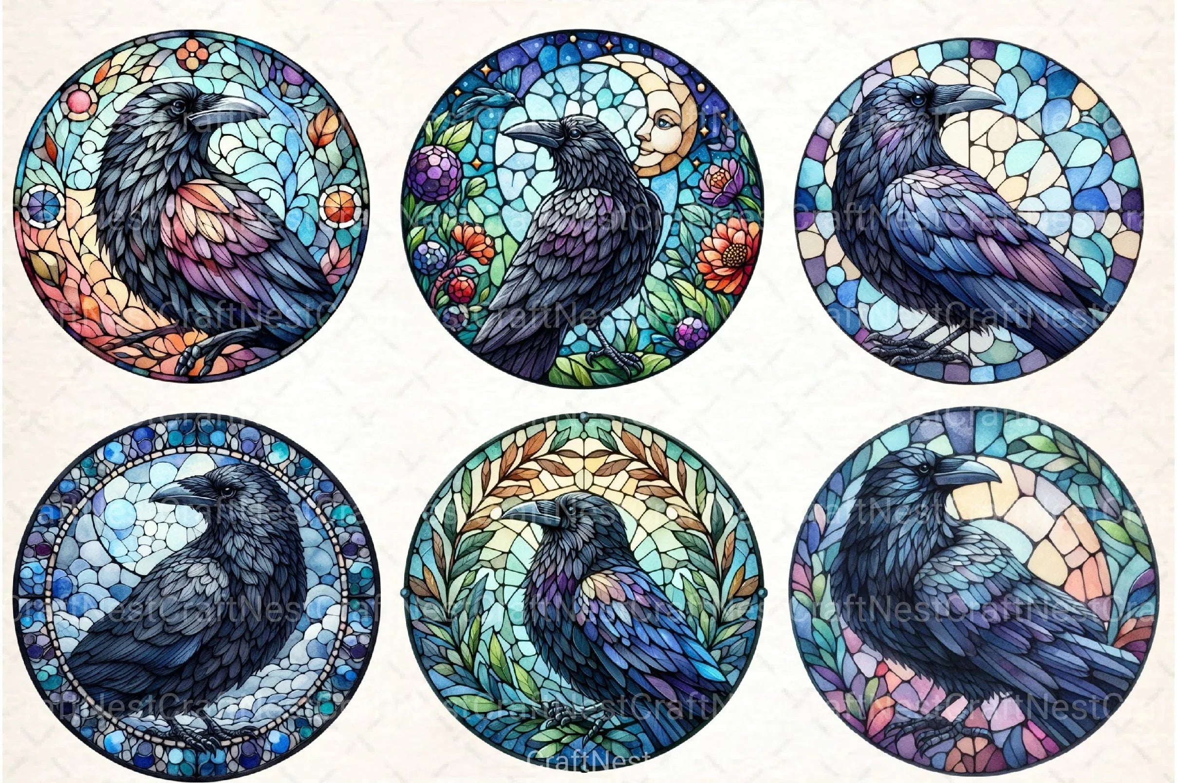 Round Raven Stained Glass Clipart Bundle - CraftNest - Digital Crafting and Art