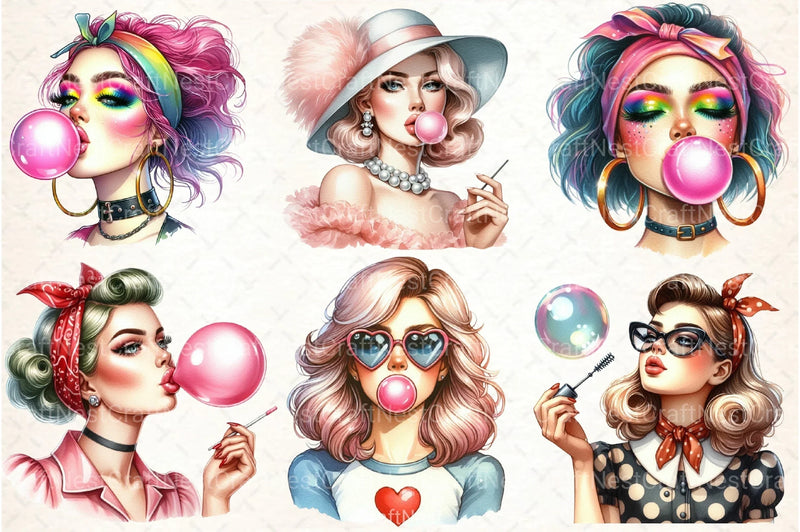 Retro Girl Blowing Bubblegum Clipart Bundle - CraftNest - Digital Crafting and Art