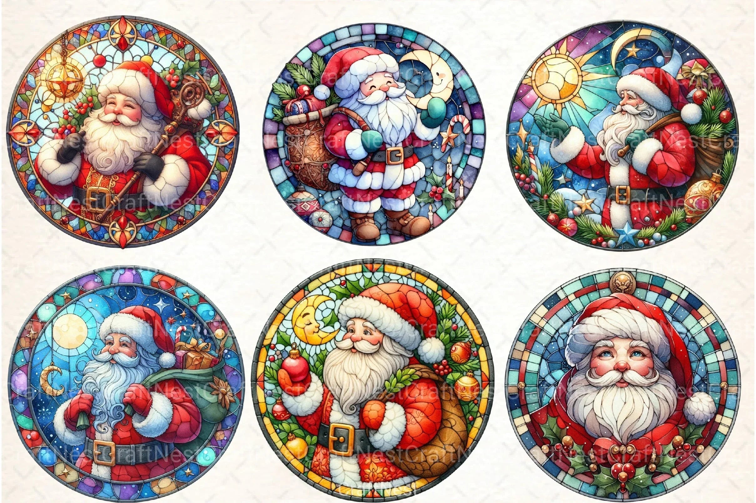 Round Santa Stained Glass Clipart Bundle 99 - CraftNest - Digital Crafting and Art