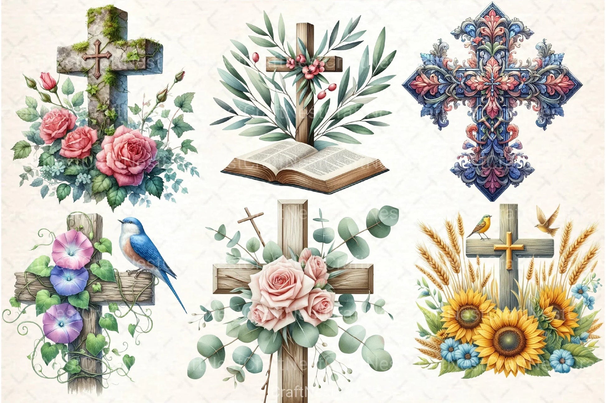 Cross Religious Floral Clipart Bundle 1 - CraftNest - Digital Crafting and Art