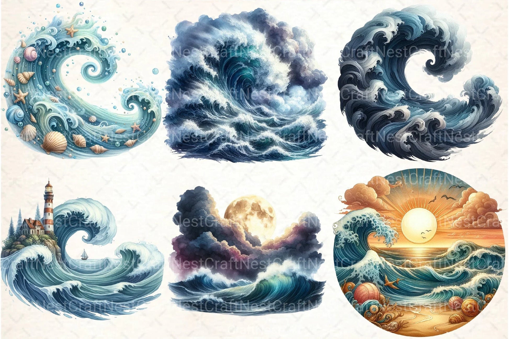 Vintage Ocean Waves Clipart Bundle 2 - CraftNest - Digital Crafting and Art