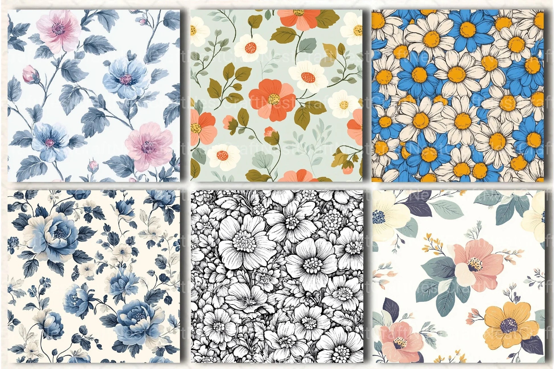 Shabby Chic Flowers Seamless Patterns Digital Paper - CraftNest - Digital Crafting and Art